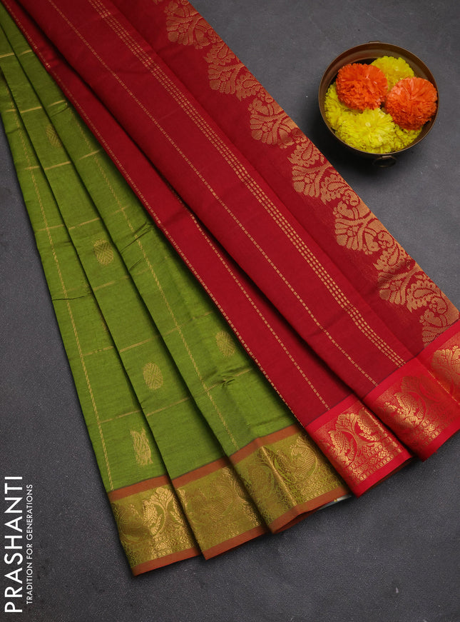 Green & Red Semi Silk Cotton Saree - Checks & Buttas