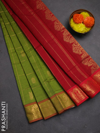 Green & Red Semi Silk Cotton Saree - Checks & Buttas