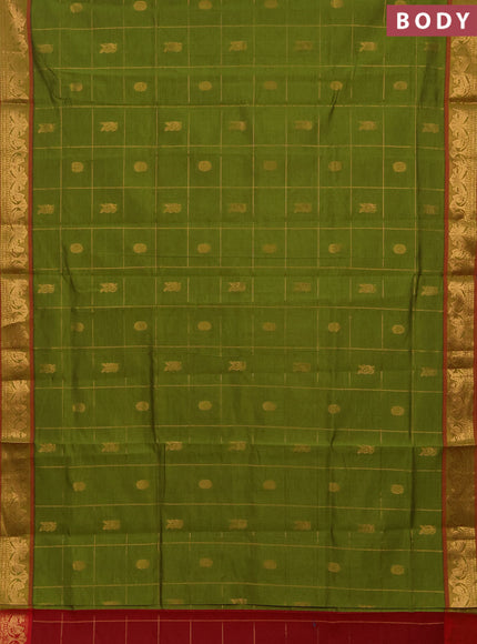 Green & Red Semi Silk Cotton Saree - Checks & Buttas