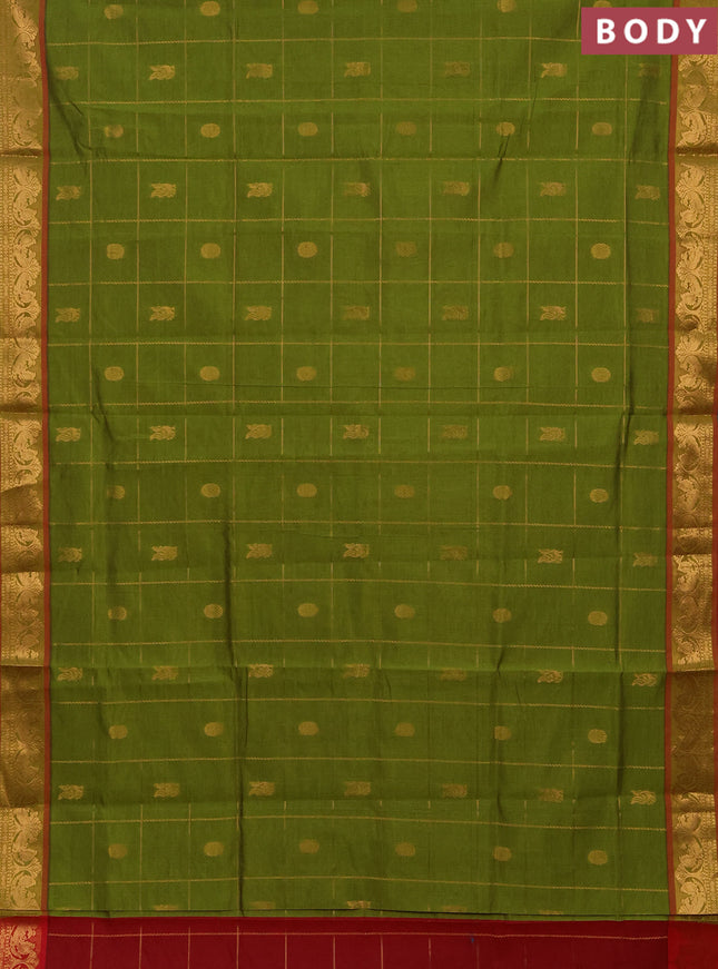 Green & Red Semi Silk Cotton Saree - Checks & Buttas