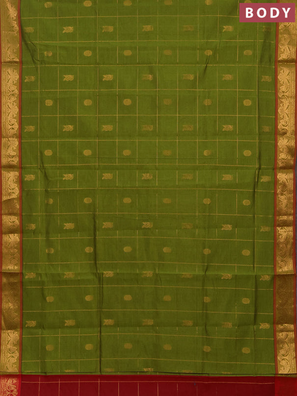 Green & Red Semi Silk Cotton Saree - Checks & Buttas