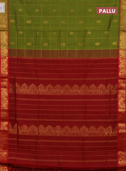 Green & Red Semi Silk Cotton Saree - Checks & Buttas