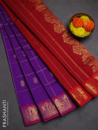 Purple & Red Semi Silk Cotton Saree - Checks & Buttas
