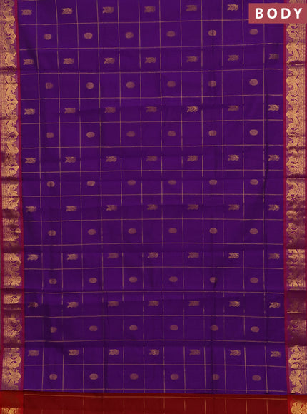 Purple & Red Semi Silk Cotton Saree - Checks & Buttas