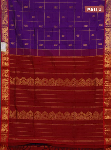 Purple & Red Semi Silk Cotton Saree - Checks & Buttas