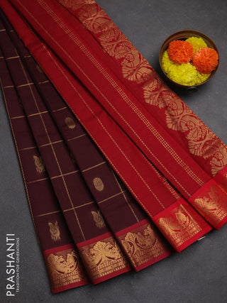 Maroon & Red Semi Silk Cotton Saree - Checks & Buttas