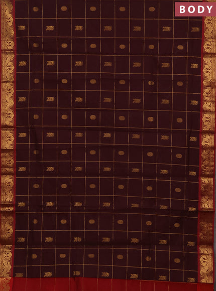 Maroon & Red Semi Silk Cotton Saree - Checks & Buttas