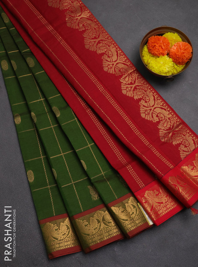Green & Red Semi Silk Cotton Saree - Checks & Buttas