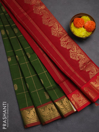 Green & Red Semi Silk Cotton Saree - Checks & Buttas