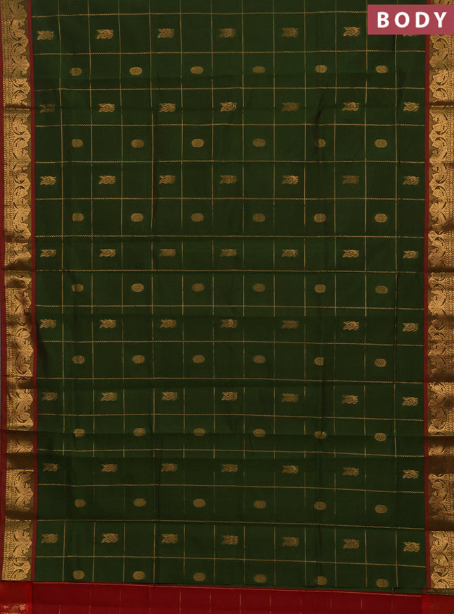 Green & Red Semi Silk Cotton Saree - Checks & Buttas