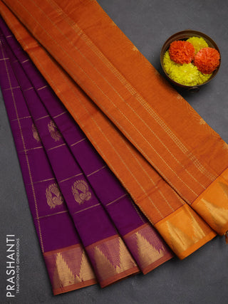 Magenta pink & Orange Semi Silk Cotton Saree - Checks & Buttas