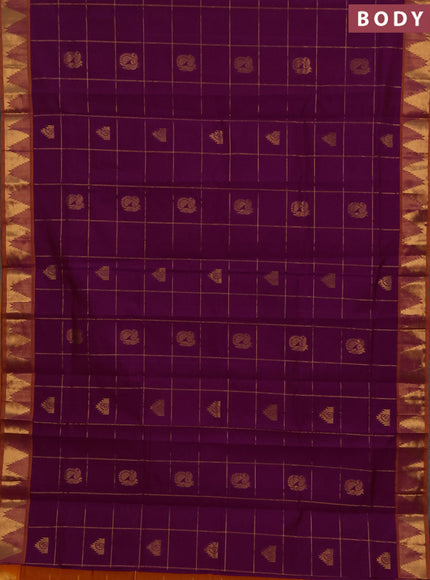 Magenta pink & Orange Semi Silk Cotton Saree - Checks & Buttas