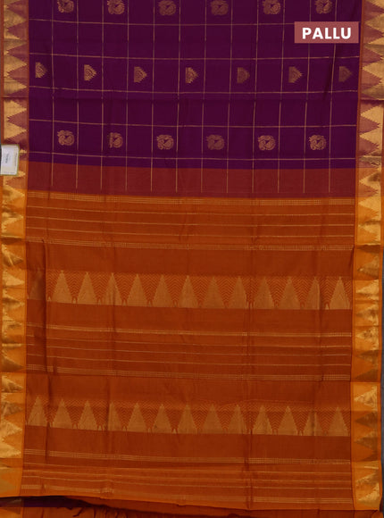 Magenta pink & Orange Semi Silk Cotton Saree - Checks & Buttas