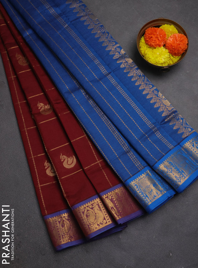 Maroon & Peacock Blue Semi Silk Cotton Saree - Checks & Buttas