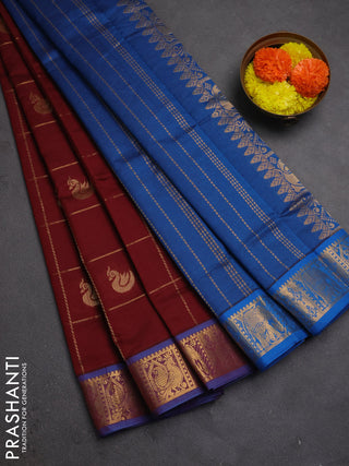 Maroon & Peacock Blue Semi Silk Cotton Saree - Checks & Buttas
