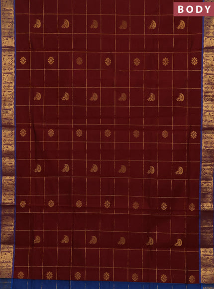 Maroon & Peacock Blue Semi Silk Cotton Saree - Checks & Buttas