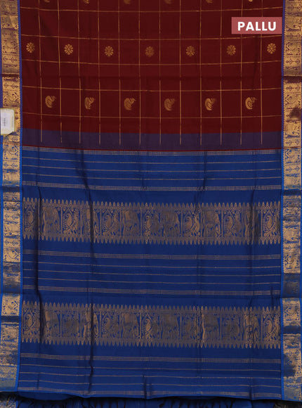 Maroon & Peacock Blue Semi Silk Cotton Saree - Checks & Buttas