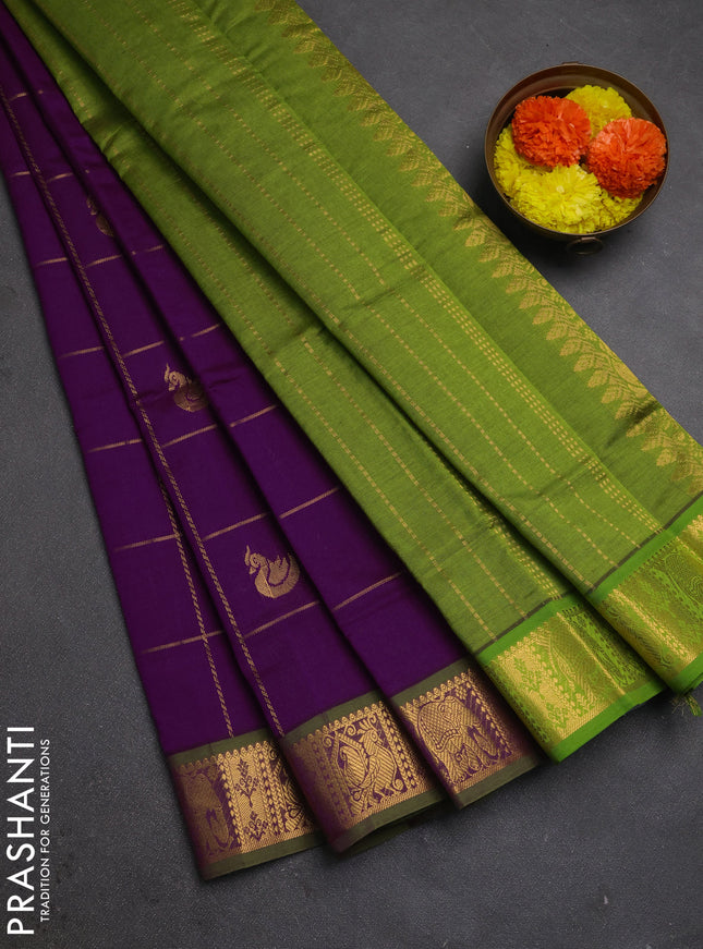 Purple & Green Semi Silk Cotton Saree - Checks & Buttas