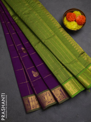 Purple & Green Semi Silk Cotton Saree - Checks & Buttas
