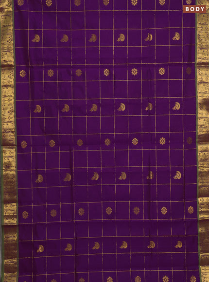 Purple & Green Semi Silk Cotton Saree - Checks & Buttas