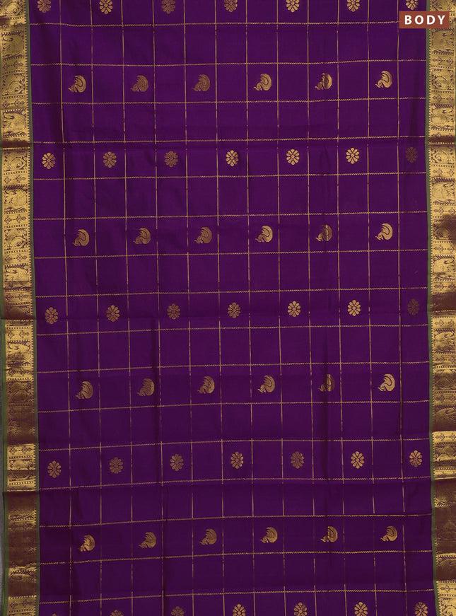 Purple & Green Semi Silk Cotton Saree - Checks & Buttas