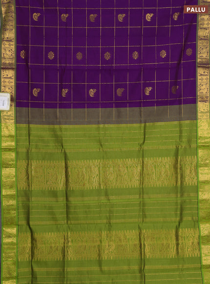 Purple & Green Semi Silk Cotton Saree - Checks & Buttas
