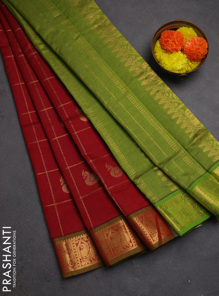Red & Green Semi Silk Cotton Saree - Checks & Buttas