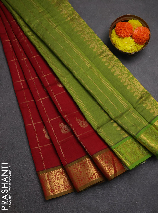 Red & Green Semi Silk Cotton Saree - Checks & Buttas