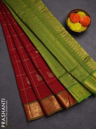 Red & Green Semi Silk Cotton Saree - Checks & Buttas