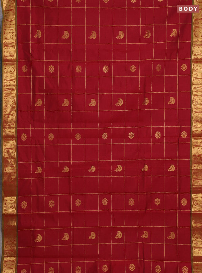 Red & Green Semi Silk Cotton Saree - Checks & Buttas