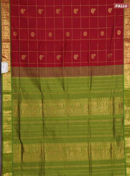 Red & Green Semi Silk Cotton Saree - Checks & Buttas