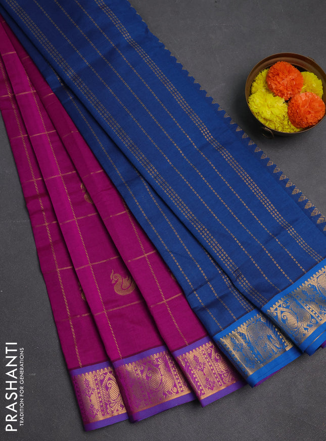 Magenta Pink & Peacock Blue Semi Silk Cotton Saree - Checks & Buttas