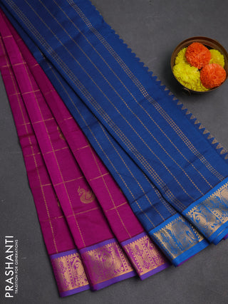 Magenta Pink & Peacock Blue Semi Silk Cotton Saree - Checks & Buttas