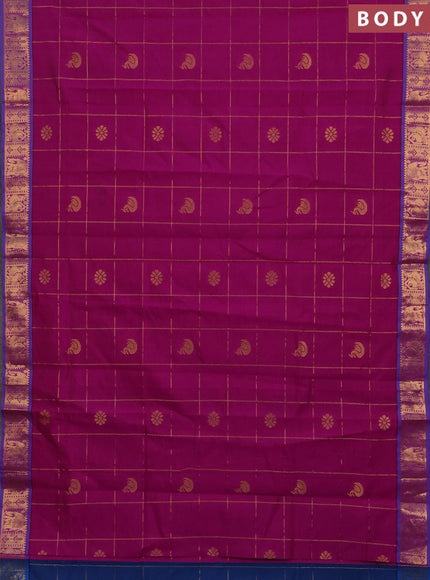 Magenta Pink & Peacock Blue Semi Silk Cotton Saree - Checks & Buttas
