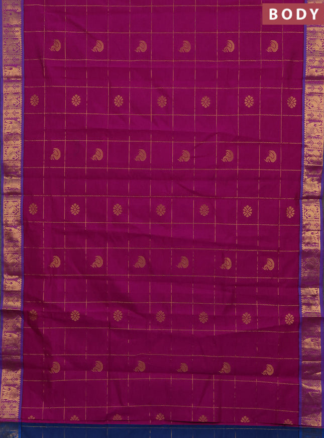 Magenta Pink & Peacock Blue Semi Silk Cotton Saree - Checks & Buttas