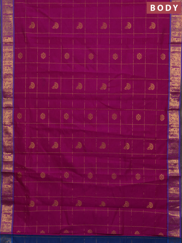 Magenta Pink & Peacock Blue Semi Silk Cotton Saree - Checks & Buttas