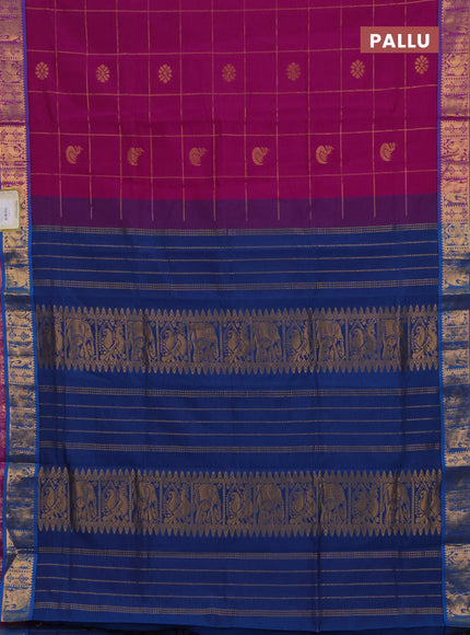 Magenta Pink & Peacock Blue Semi Silk Cotton Saree - Checks & Buttas