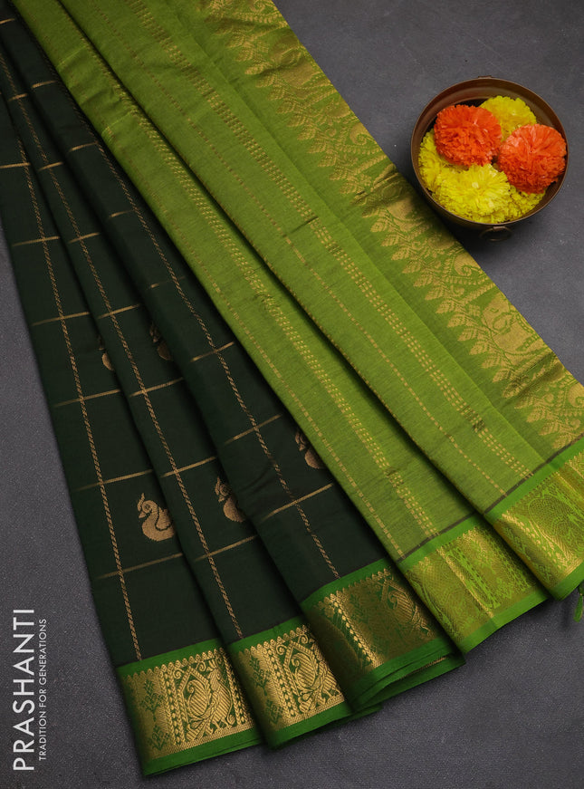 Bottle Green & Green Semi Silk Cotton Saree - Checks & Buttas