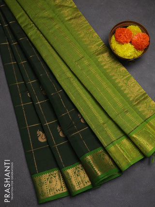 Bottle Green & Green Semi Silk Cotton Saree - Checks & Buttas