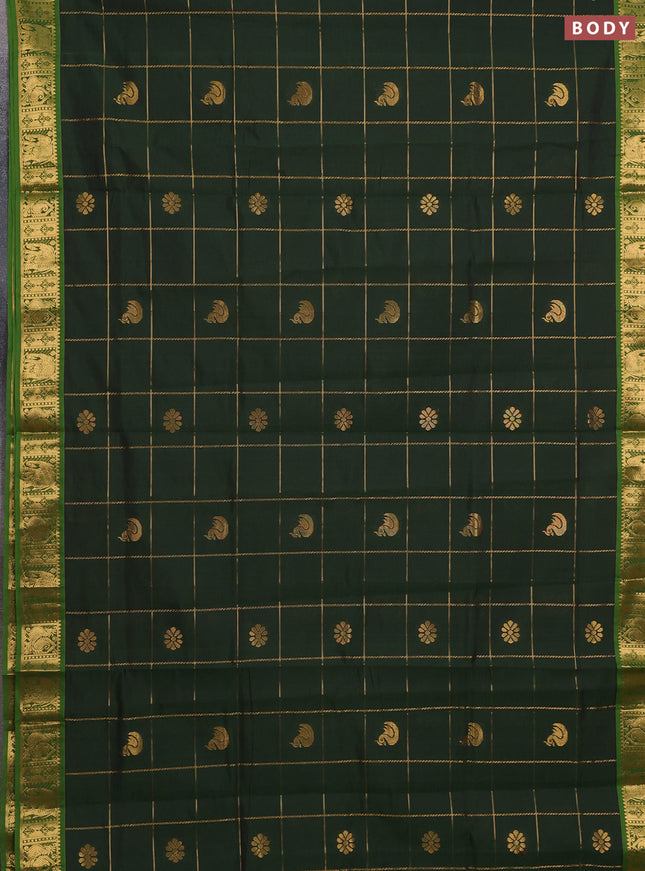 Bottle Green & Green Semi Silk Cotton Saree - Checks & Buttas