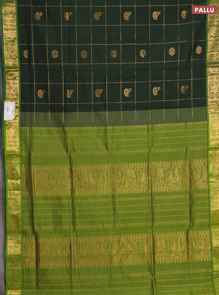 Bottle Green & Green Semi Silk Cotton Saree - Checks & Buttas