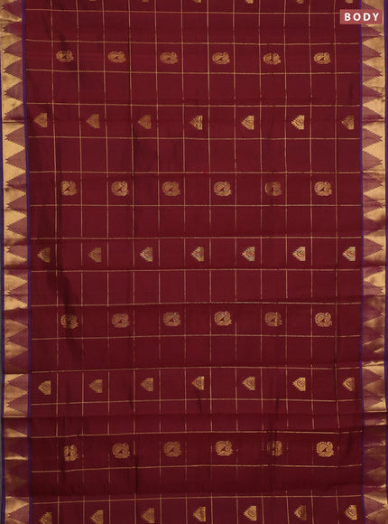 Maroon & Blue Semi Silk Cotton Saree - Checks & Buttas