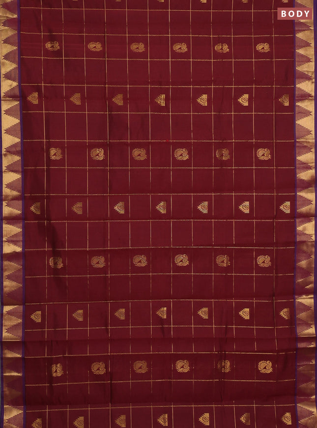 Maroon & Blue Semi Silk Cotton Saree - Checks & Buttas