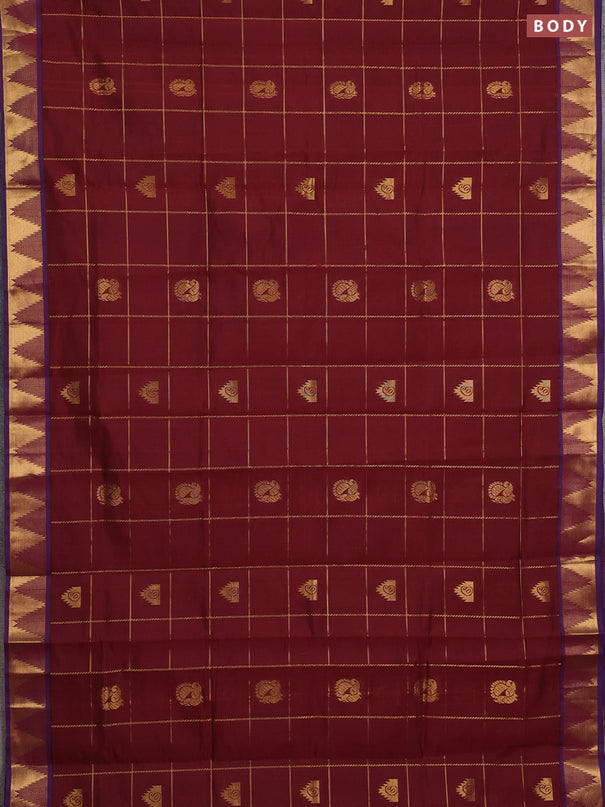 Maroon & Blue Semi Silk Cotton Saree - Checks & Buttas