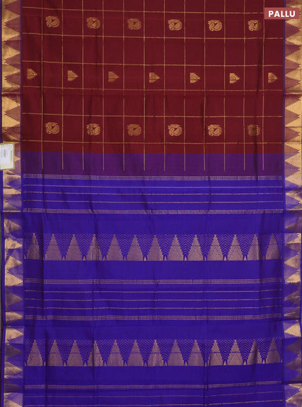 Maroon & Blue Semi Silk Cotton Saree - Checks & Buttas