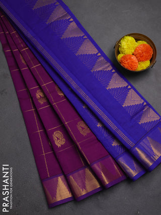 Purple & Blue Semi Silk Cotton Saree - Checks & Buttas
