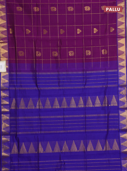 Purple & Blue Semi Silk Cotton Saree - Checks & Buttas