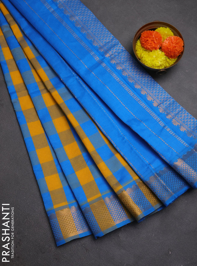 Cs Blue & Mustard Yellow Semi Silk Cotton Saree - Paalum Pazhamum Checks