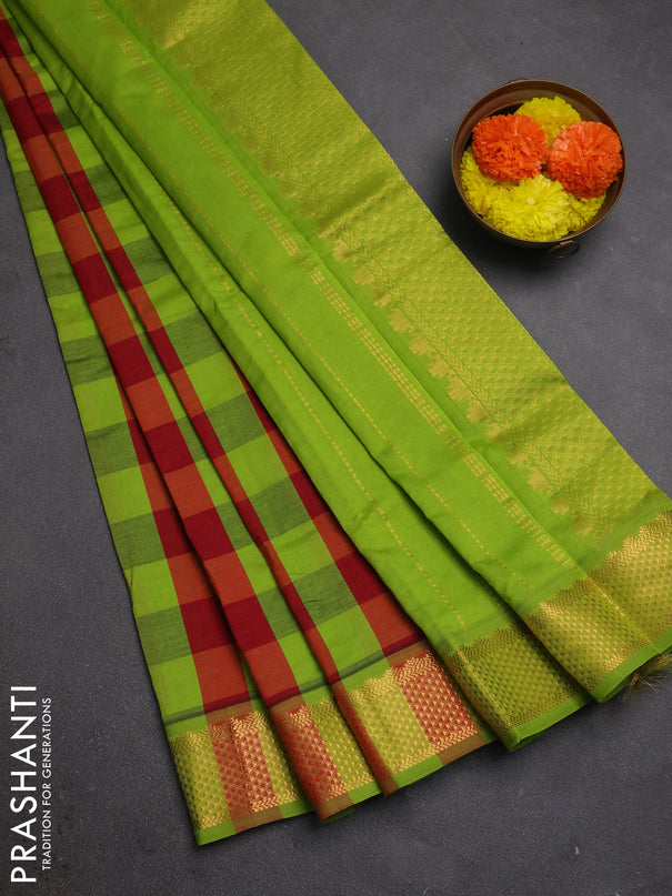 Green & Maroon Semi Silk Cotton Saree - Paalum Pazhamum Checks