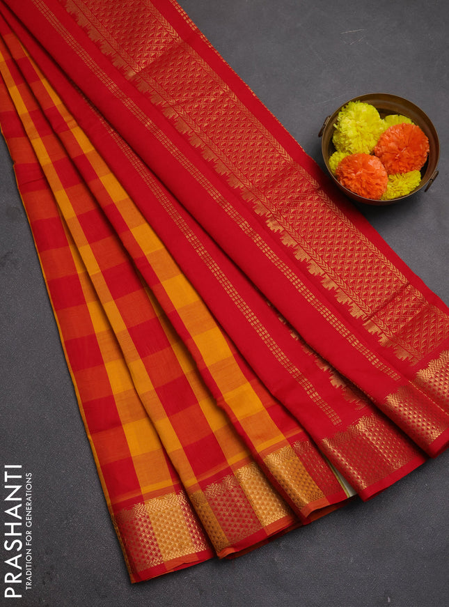 Red & Mustard Yellow Semi Silk Cotton Saree - Paalum Pazhamum Checks